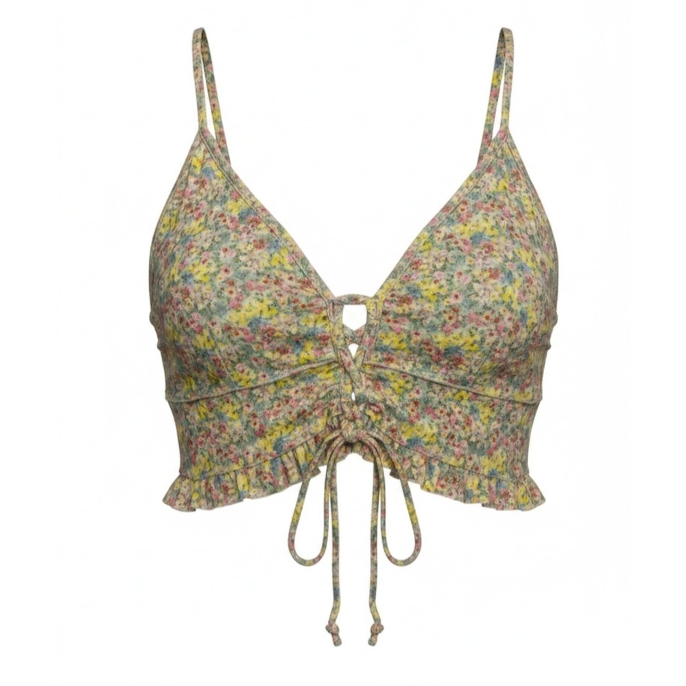 Loveshackfancy Pointelle Ruffle Floral Crop Top with Adjustable Front Lace Up